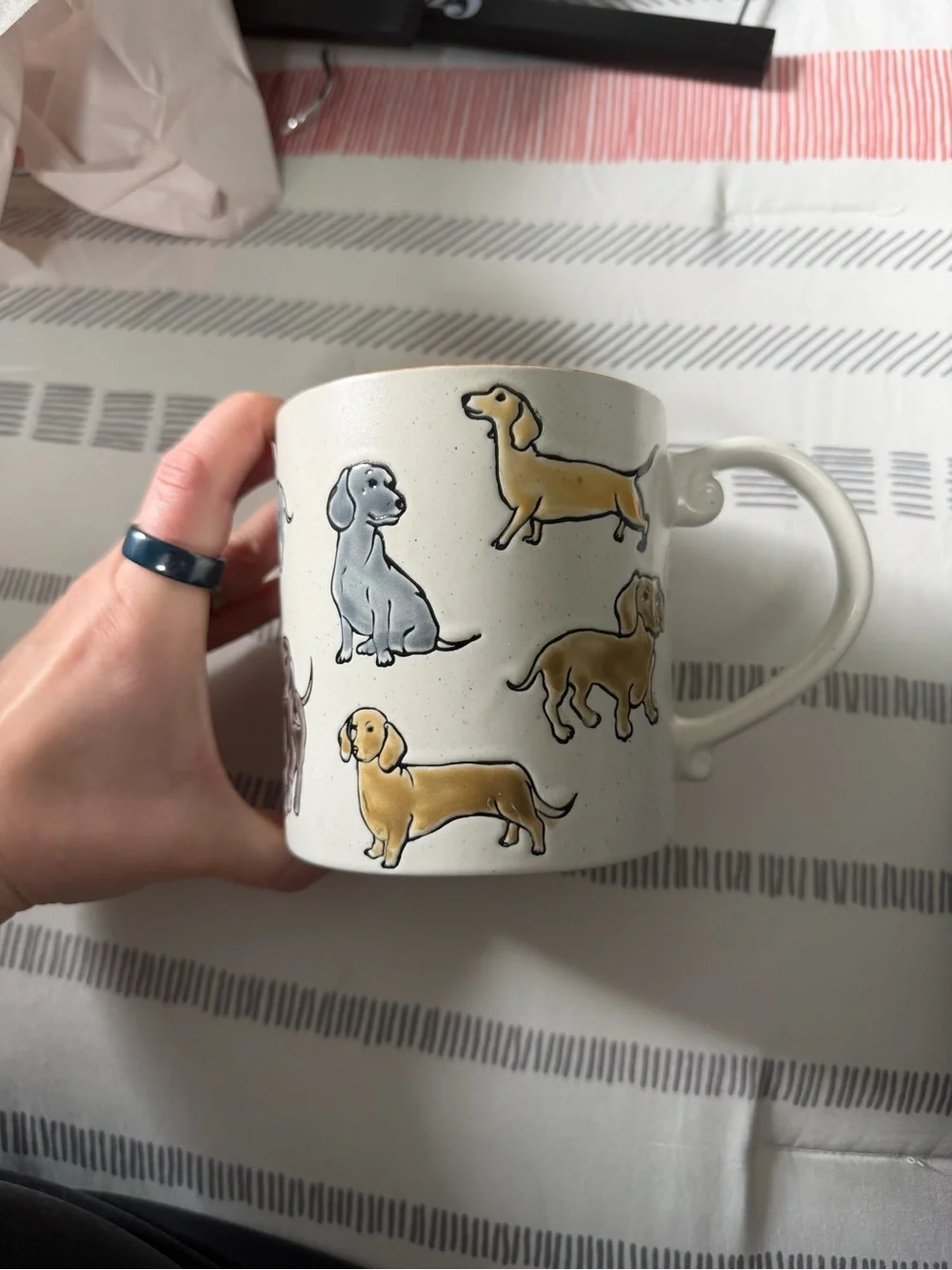 Dachshund Ceramic Coffee Mug in Cream with Yellow and Gray Dogs